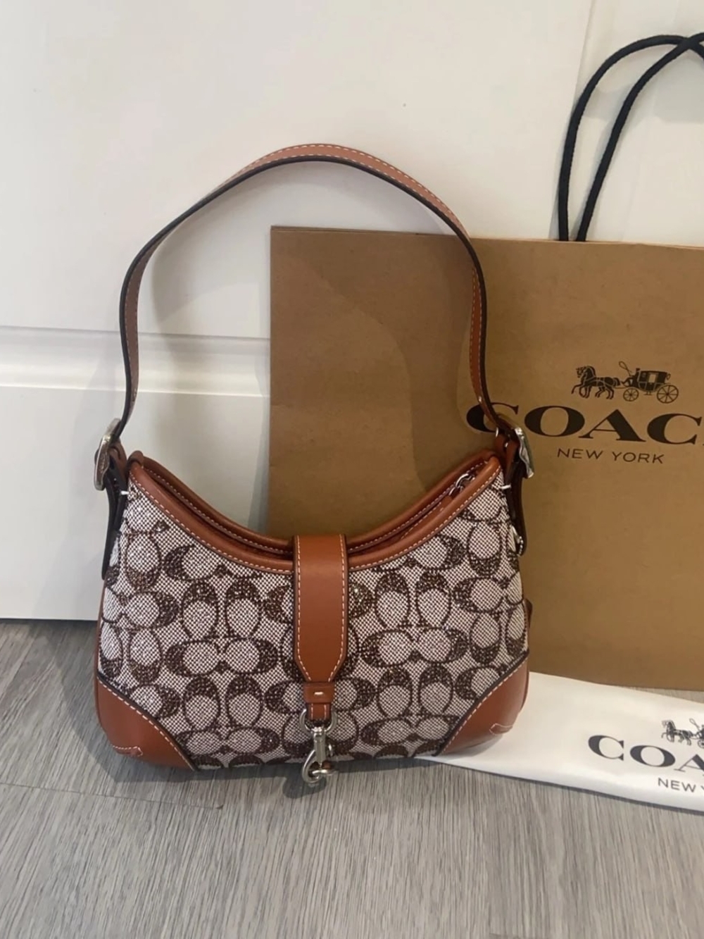 Coach Small Shoulder Bag in Brown and Tan Signature Canvas